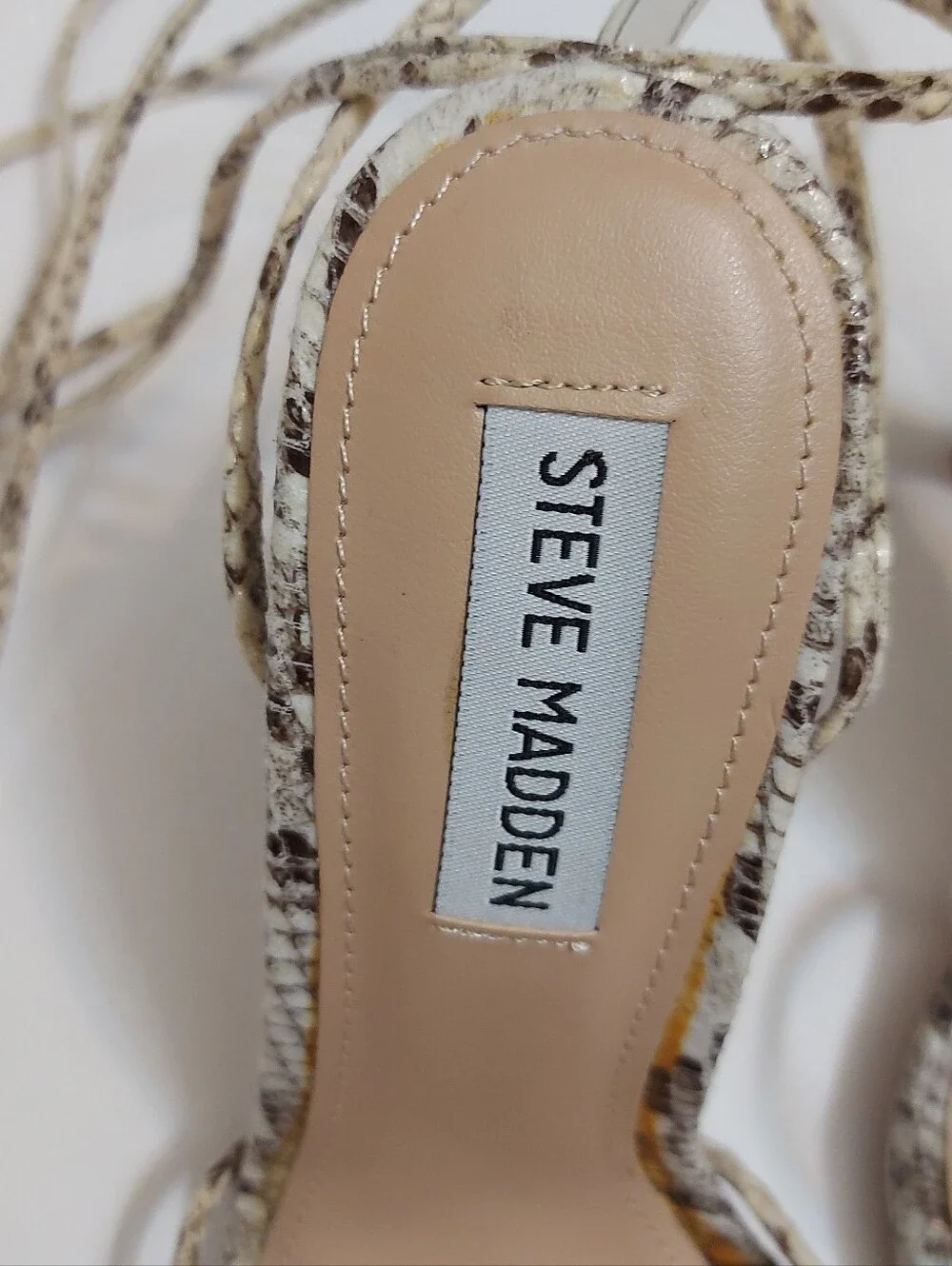 Steve Madden Snake-Print Lace-Up Stiletto Sandals in Beige